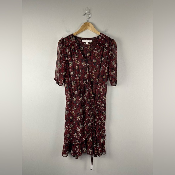 Veronica Beard Floral Bordeaux Dakota Ruched Silk Mini Dress Burgundy Size 8 - Picture 2 of 11
